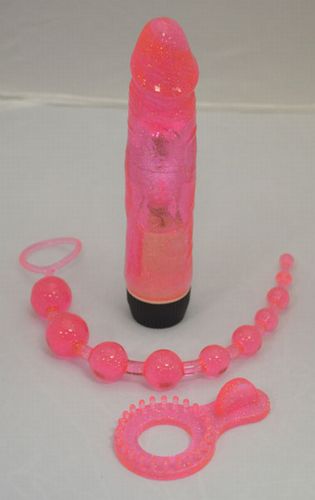 Набор гелевый розовый: вибратор, анальные шарики, кольцо